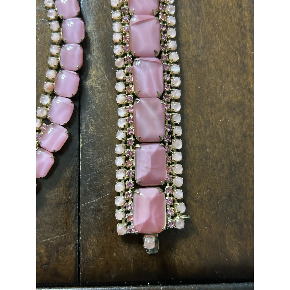 Vintage Pink Rhinestone Moonglow Cabochon Set‎ Necklace Bracelet Earrings - Picture 2 of 8